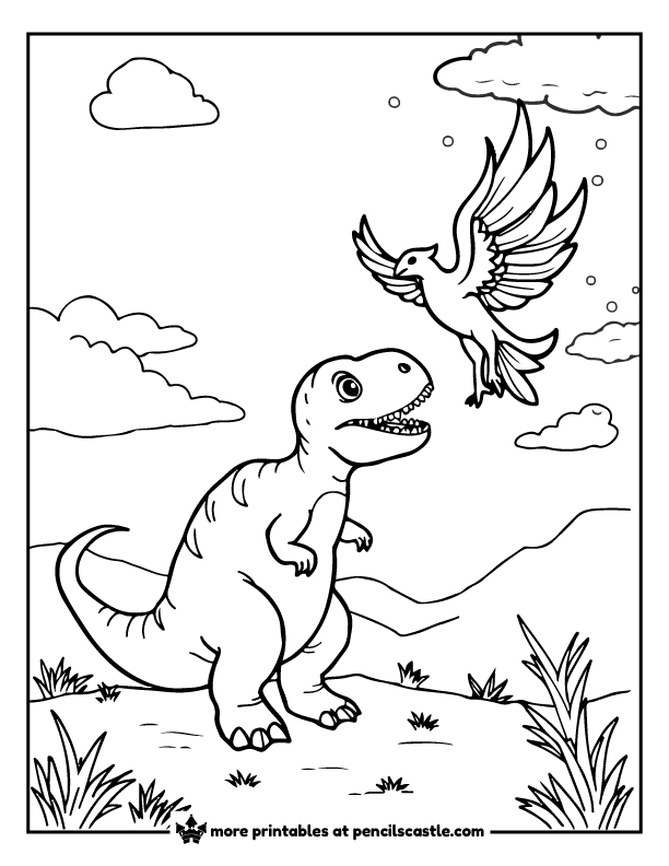 dinosaur watching a phoenix flying through clouds coloring page