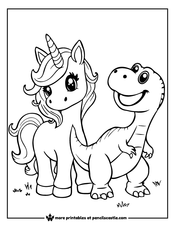 dinosaur standing next to a cute unicorn coloring page