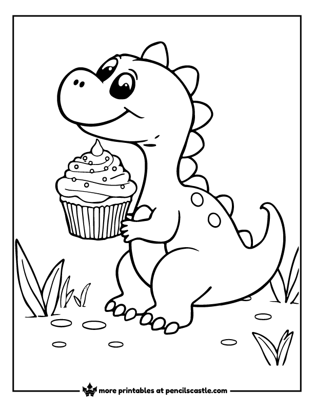 cute dino holding a cupcake coloring page