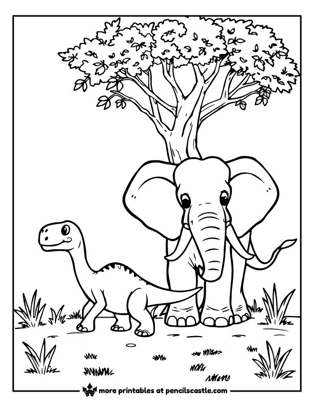 dinosaur walking beside an elephant under a tree coloring page