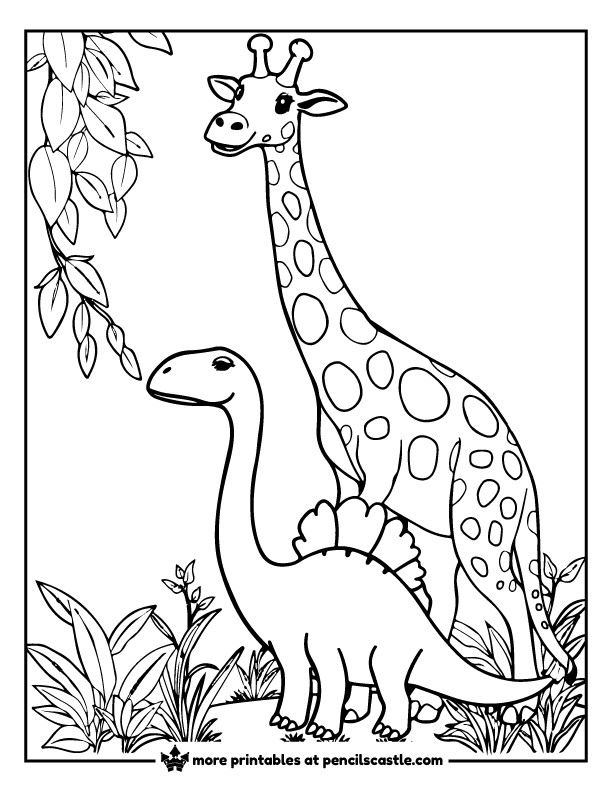 dinosaur and giraffe reaching for leaves together coloring page