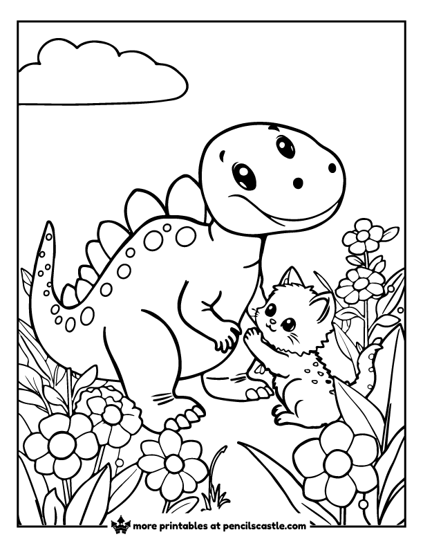 dinosaur playing with a cat in a flower garden coloring page