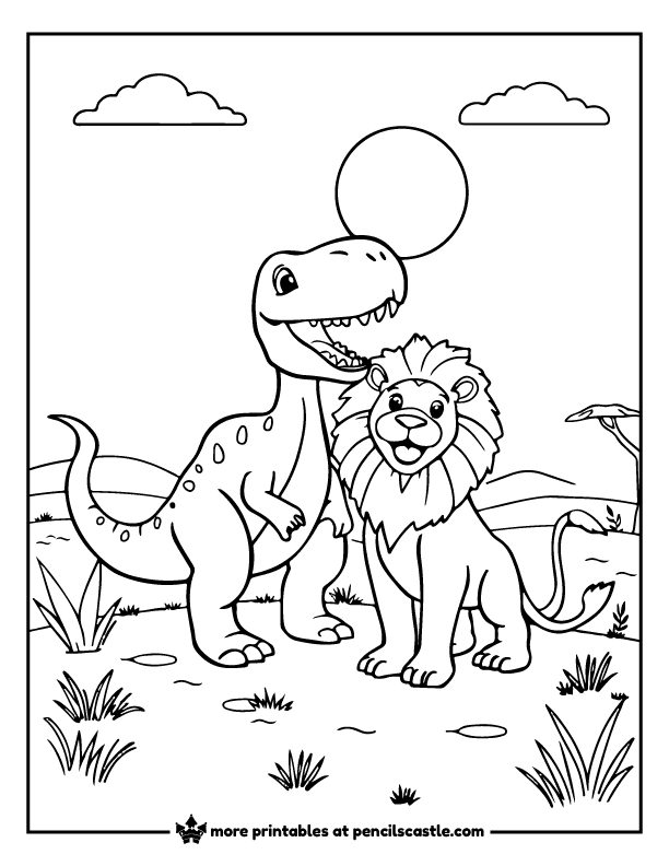 dinosaur and a lion roaring together on a sunny savanna coloring page