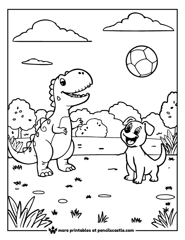 dinosaur and puppy playing in the park with a ball coloring page