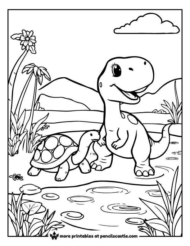 turtle walking beside a smiling dinosaur by the pond with plants and trees coloring page