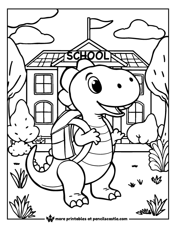 dinosaur with a backpack in front of a school building coloring page