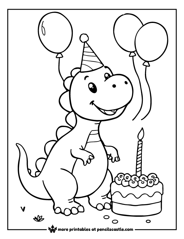dinosaur in a party hat with balloons and a birthday cake coloring page