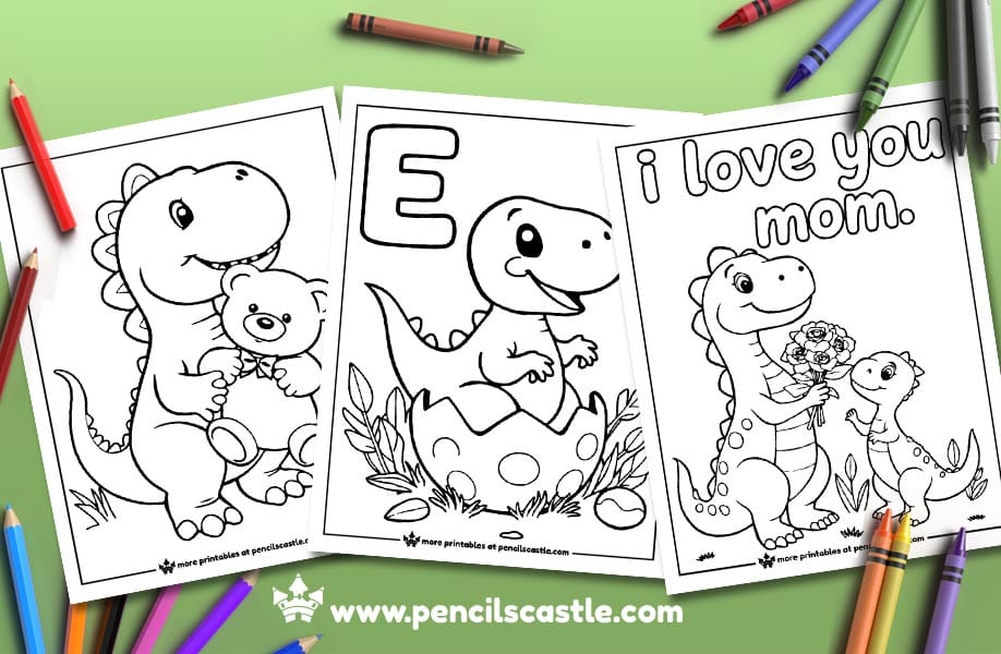 three dinosaur coloring pages with pencils and crayons on a green background