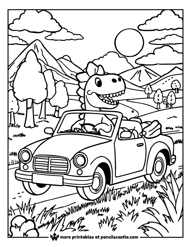 dinosaur driving a convertible through the countryside with mountains and trees coloring page