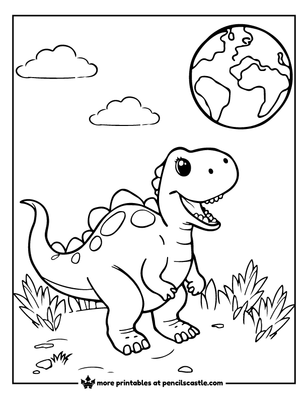 smiling dinosaur in a grassy field under earth and clouds coloring page