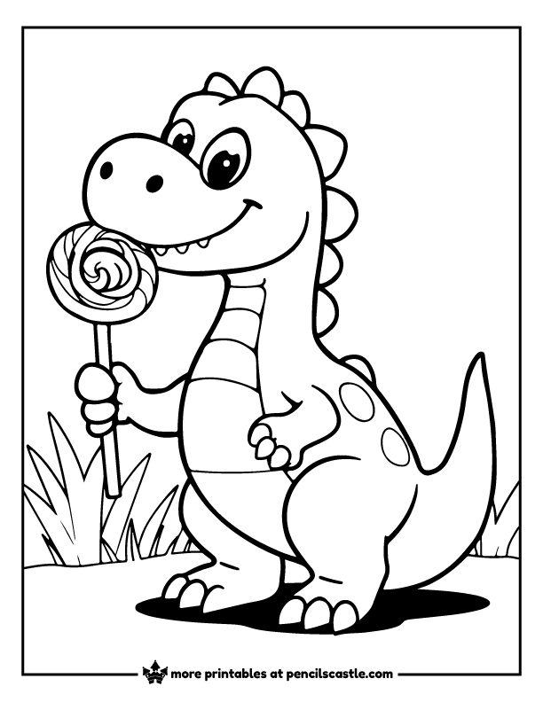 cute dino holding a swirly lollipop coloring page