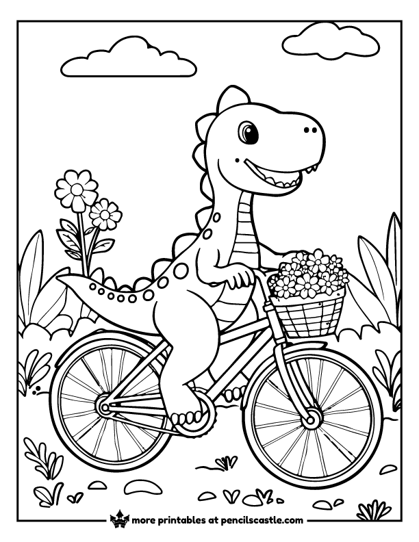 dinosaur riding a bike with a basket of flowers coloring page