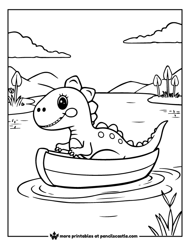 dino in a small boat sailing through a calm lake with ripples and reeds coloring page