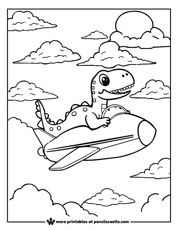dinosaur flying an airplane through clouds coloring page