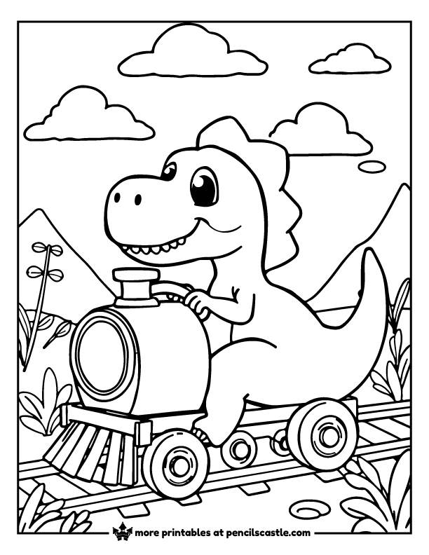 dino driving a miniature train coloring page