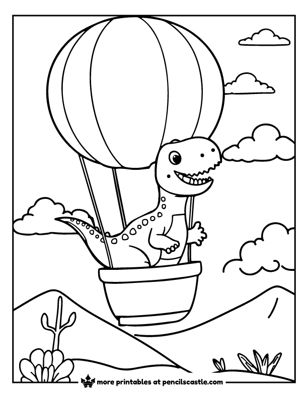 smiling dinosaur floating high in a hot air balloon coloring page