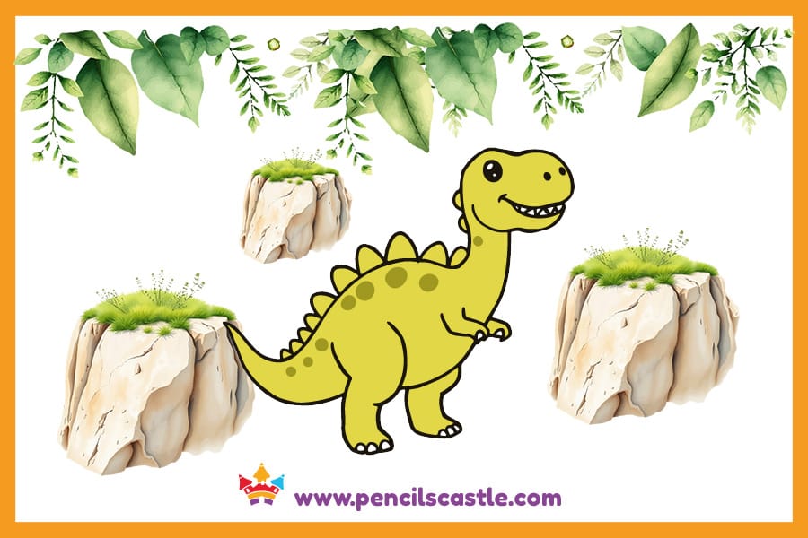 dinosaur drawing with rocks and leaves