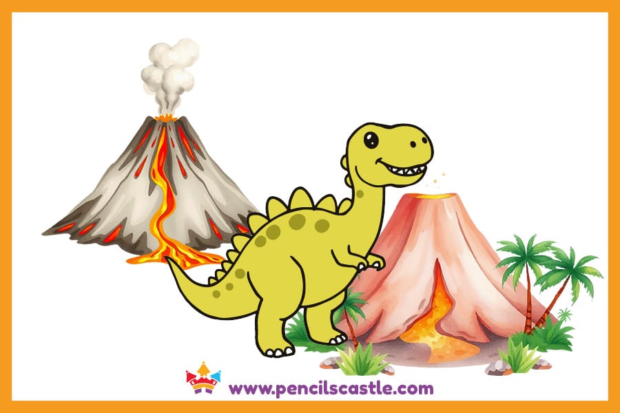 dinosaur drawing near volcanoes