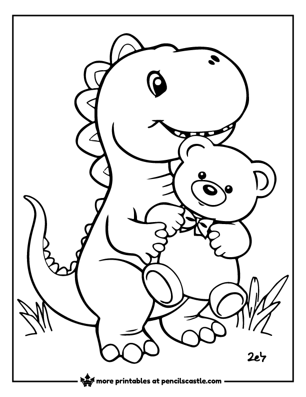 cute dinosaur hugging a teddy bear coloring page