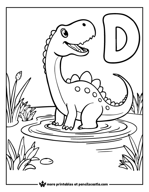 Diplodocus splashing in a pond and smiling at a letter D coloring page