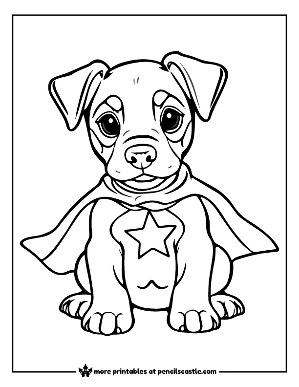 Doberman Pinscher puppy wearing a superhero cape coloring page
