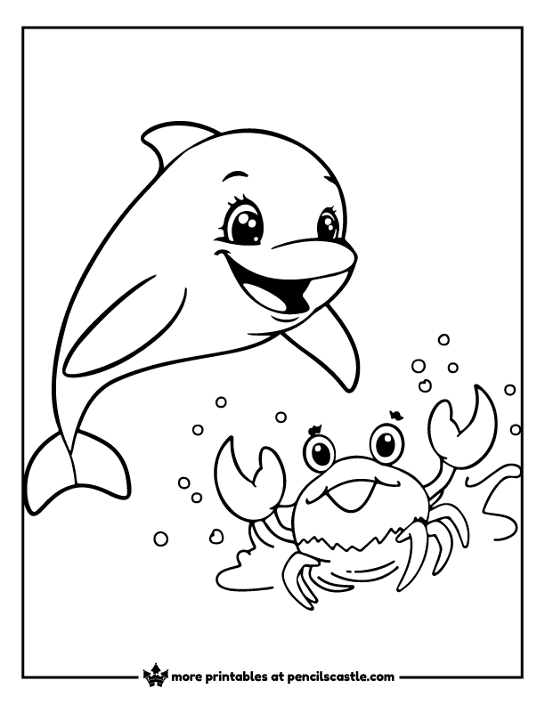 Smiling dolphin splashing while a crab waves its claws coloring sheet
