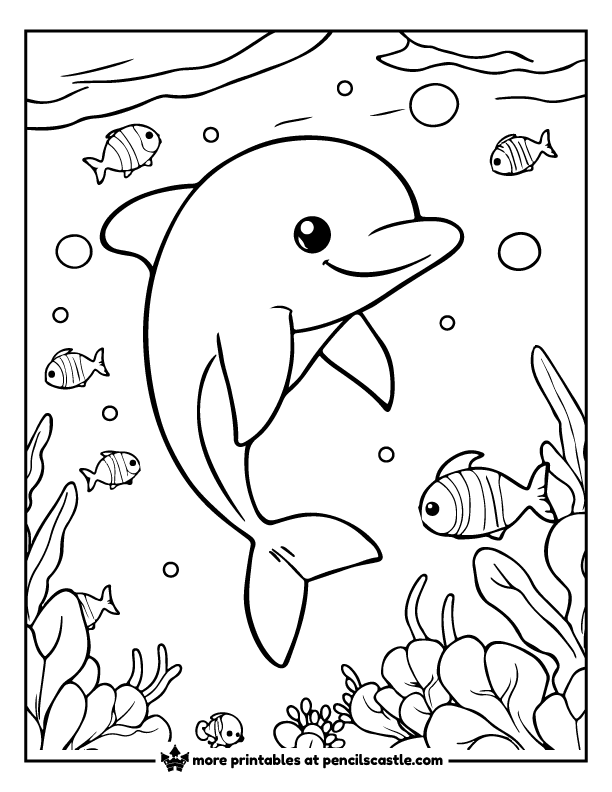 Playful dolphin surrounded by small fish in the sea coloring page