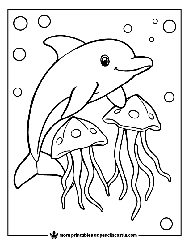 Dolphin swimming with jellyfish coloring sheet