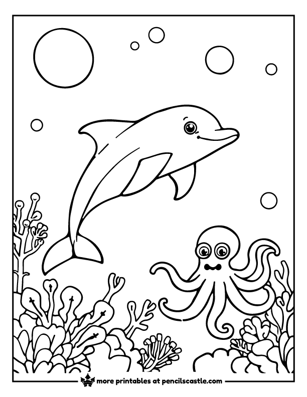 Smiling dolphin exploring coral with a friendly octopus coloring page