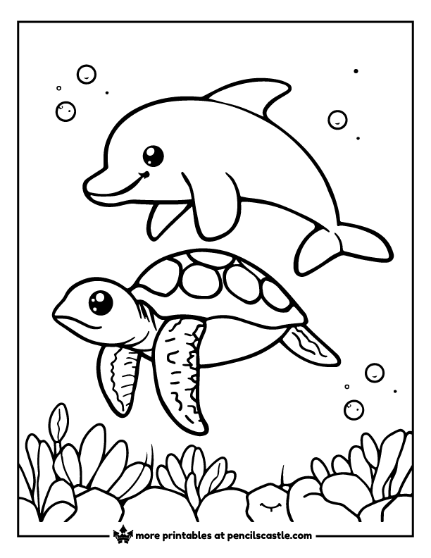 Dolphin and sea turtle gliding side by side in the ocean coloring page