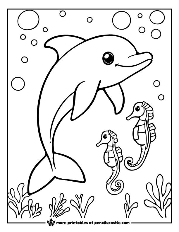 Happy dolphin surrounded by seahorses coloring sheet