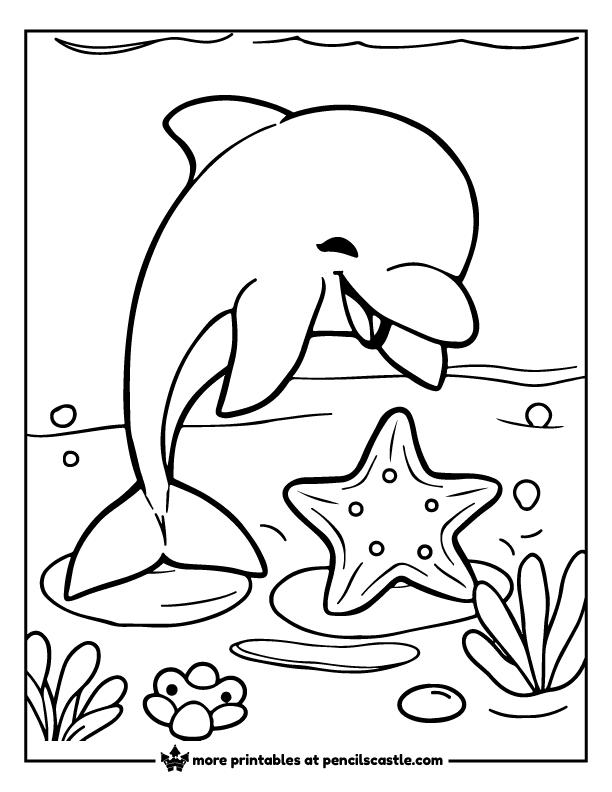 Cute dolphin playing with a starfish in the sea coloring page