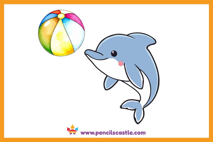 Dolphin drawing playing with a beach ball