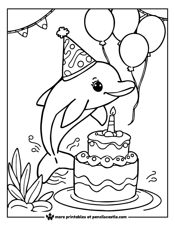 Dolphin in a party hat with a birthday cake and balloons coloring sheet