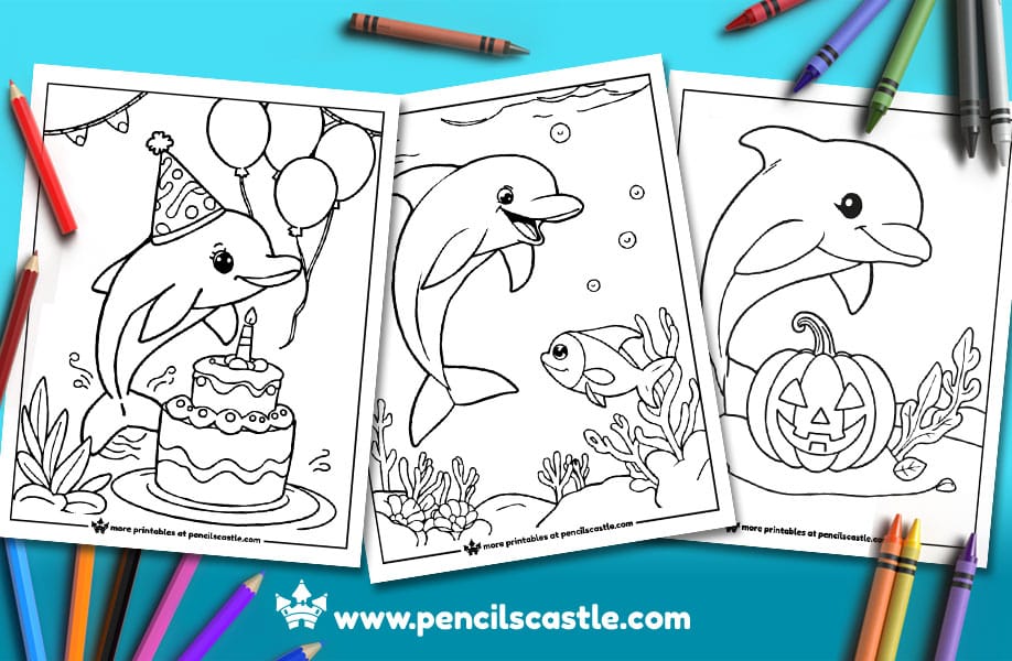 three dolphin coloring pages with pencils and crayons on a blue background