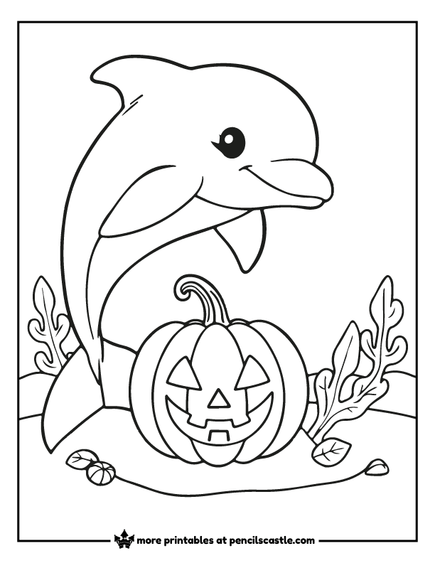 Spooky dolphin playing with a carved jack-o’-lantern coloring page