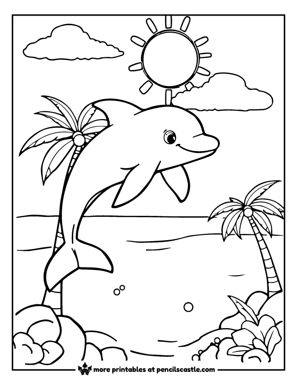 Dolphin jumping near palm trees on a sunny beach coloring sheet