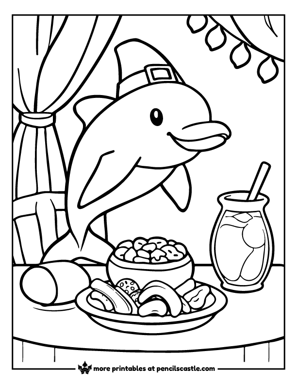 Dolphin wearing a pilgrim hat, enjoying a festive table coloring sheet