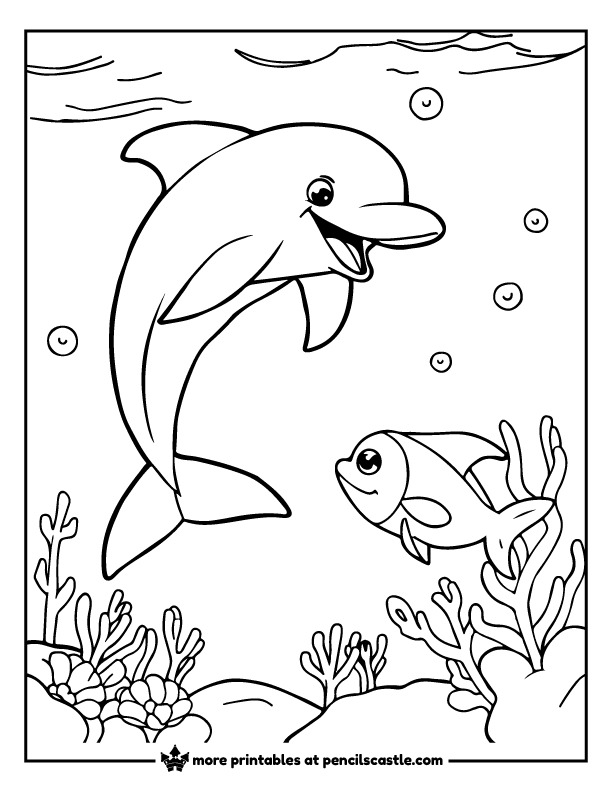 smiling dolphin and a fish swimming under the ocean coloring sheet