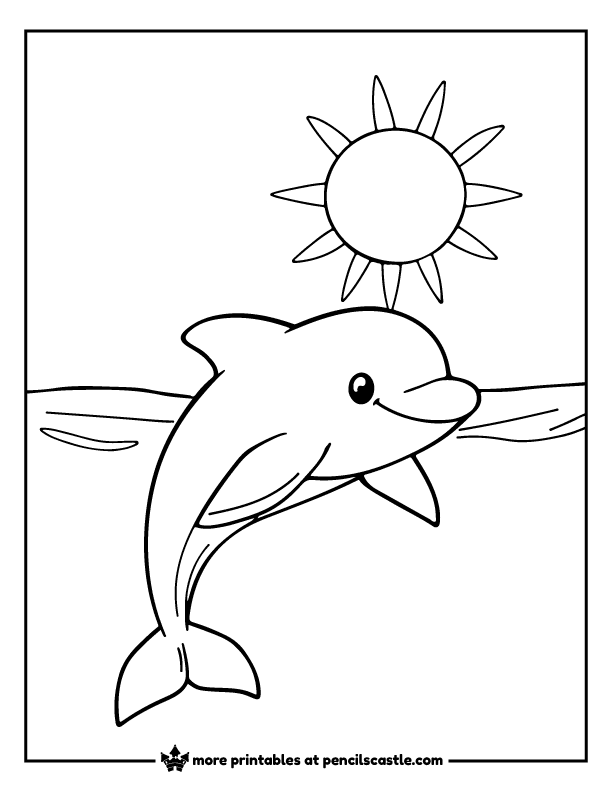 Smiling dolphin moving gracefully under a shining sun coloring page