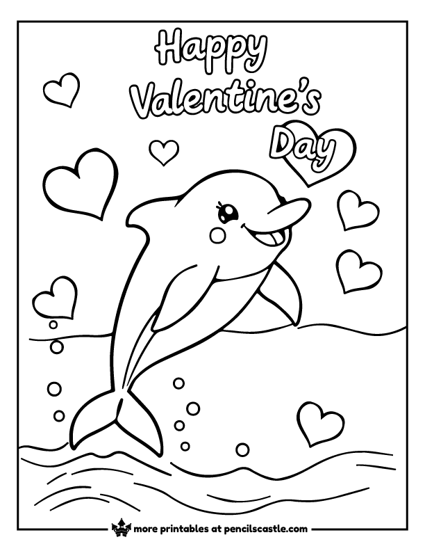 Dolphin splashing happily with floating hearts and "happy valentine's day" text coloring page