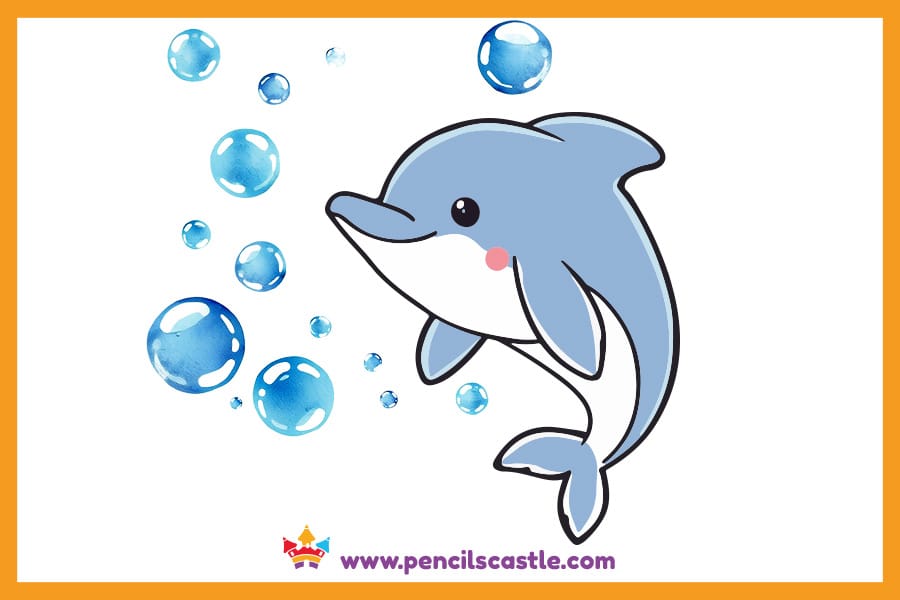 Dolphin drawing surrounded by ocean bubbles