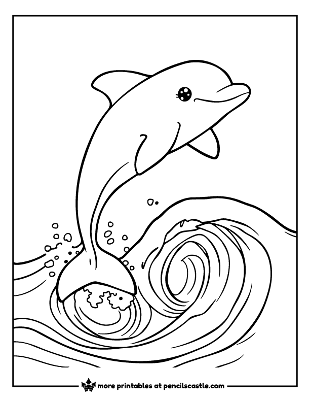 Playful dolphin jumping high above the ocean coloring page