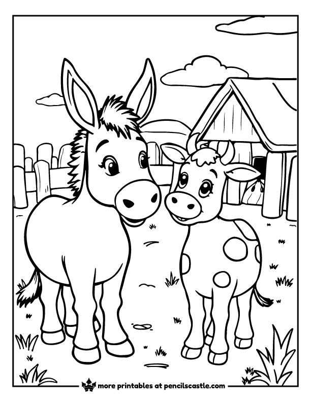 donkey standing next to a cow in a farmyard with a barn and a fence coloring page