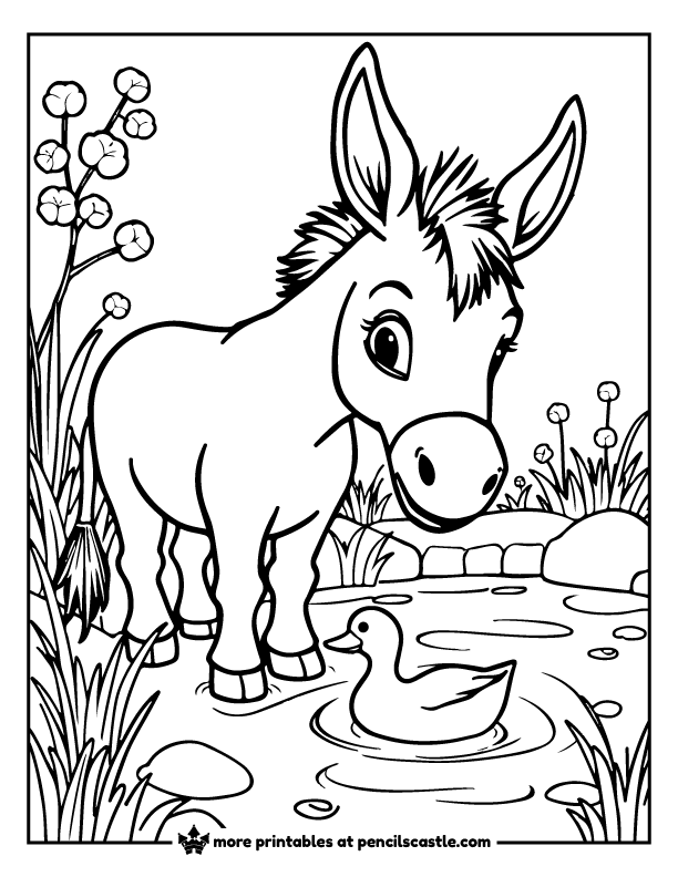 donkey watching a duck swimming in pond with grass and flowers coloring sheet