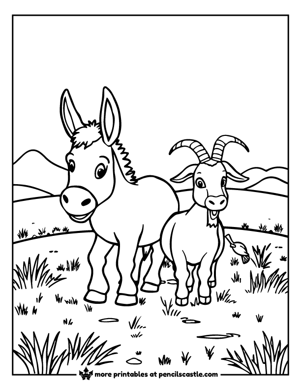 donkey standing next to a goat in a field with grass coloring page