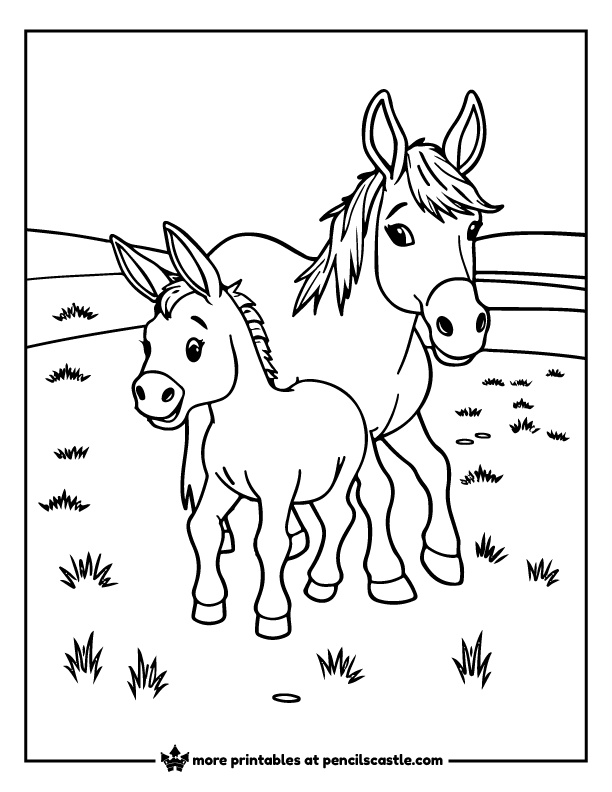 donkey standing next to a horse in a grassy field coloring page