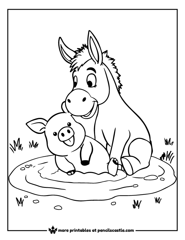 donkey sitting next to a pig in a mud puddle coloring page