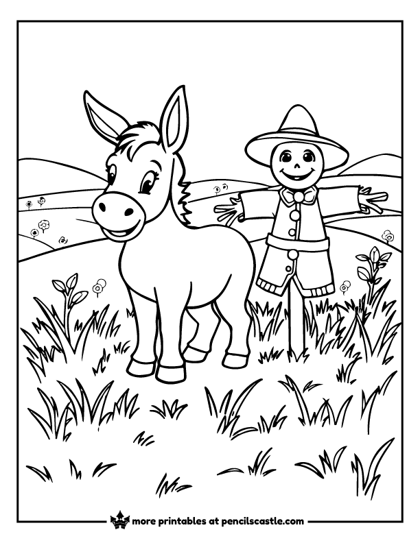 donkey standing in a grassy field next to scarecrow coloring page