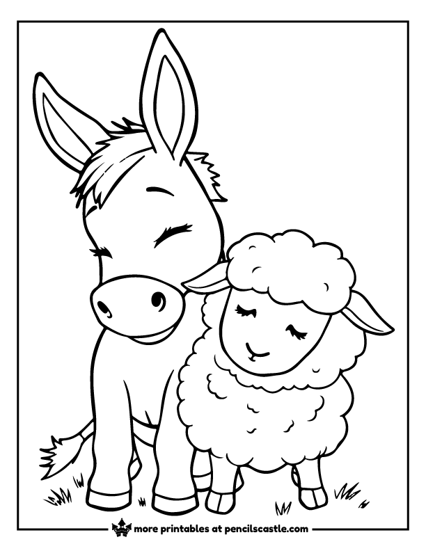 donkey sitting next to a fluffy sheep coloring page